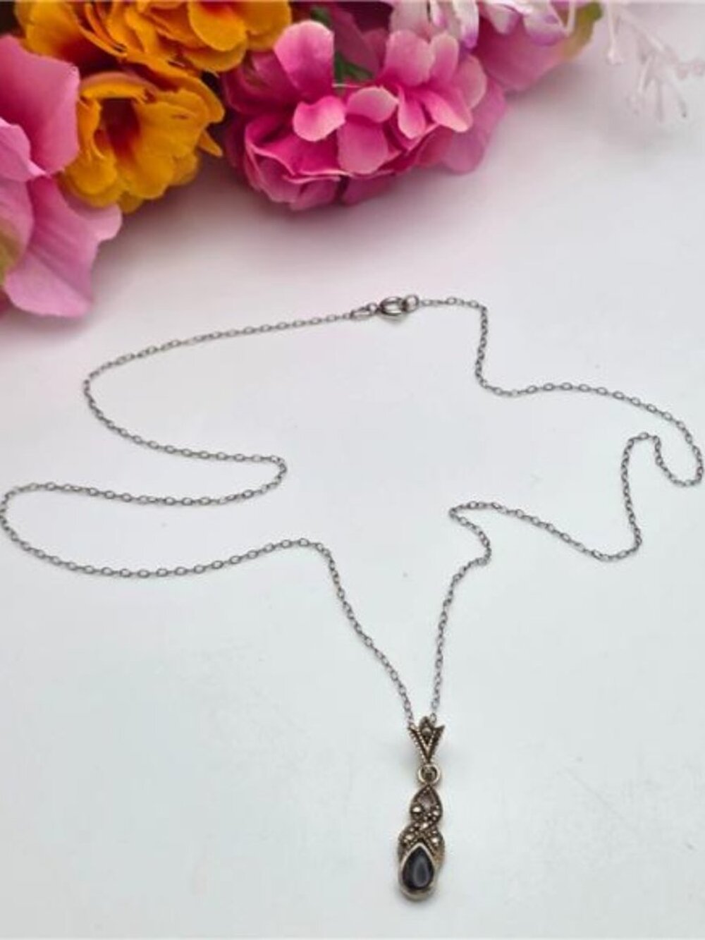 925 Sterling Silver Onyx Marcasite Pendant Necklace 18.5" 27mm Vintage